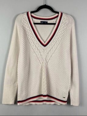 Tommy Hilfiger Ivory V-Neck Cable Sweater with Red & Navy Trim